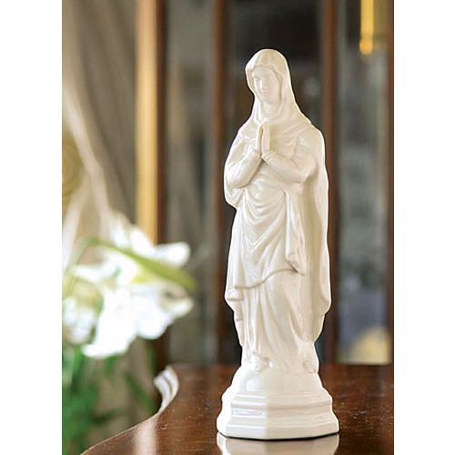 Colored Blessed Mother in figurine with Rosary; praying Mary figurine with olive wood rosary and certificate from the Holy Land