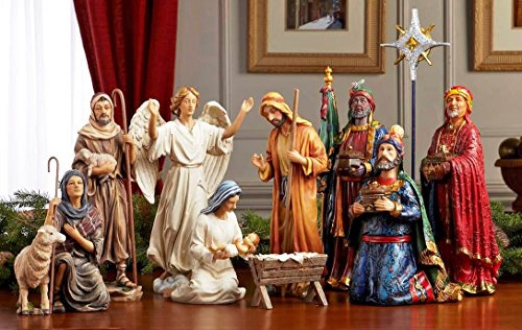 Nativity Set with Creche and 9 Piece Ceramic Figurine Set