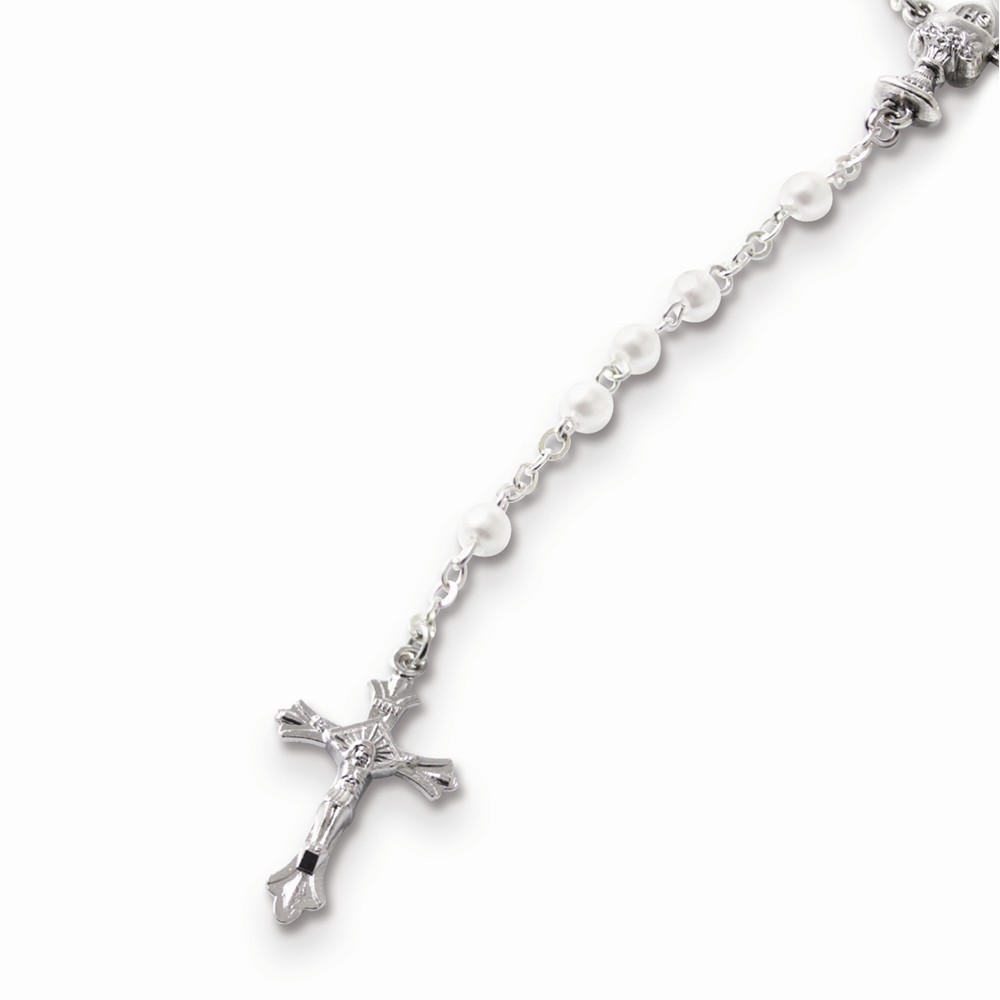 Silver-tone White Faux Pearl Beads Rosary